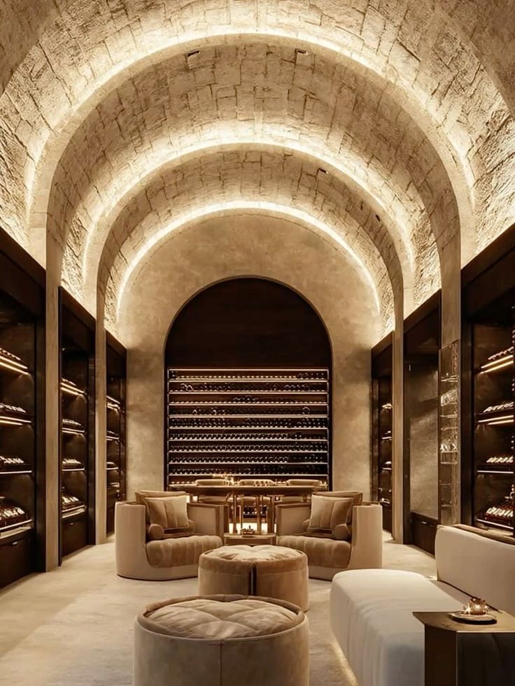 Sala de vinhos climatizada com paredes em pedra e prateleiras metálicas